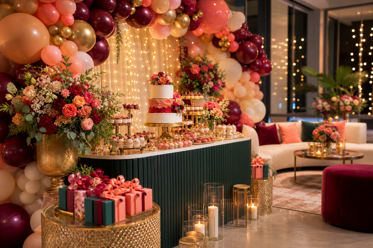 Upscale birthday party setup with balloons and dessert table