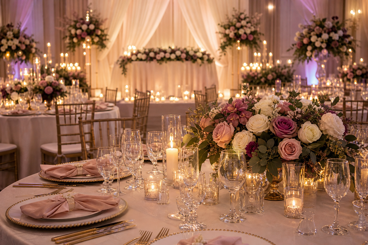 Elegant wedding reception table with florals and candles
